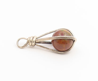 925 Sterling Silver Vintage Pendant Modernist Jasper Orb Teardrop Cage  PT26631