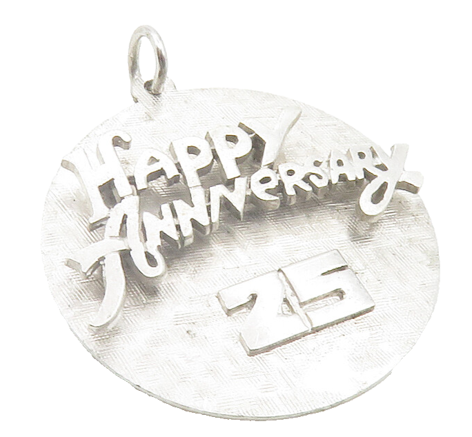 925 Sterling Silver  Shiny Etched Happy 25th Anniversary Drop Pendant  PT9632