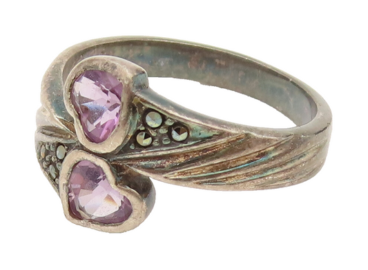 925 Silver  Vintage Heart Shaped Amethyst & Marcasite Bypass Ring Sz 8 RG26387