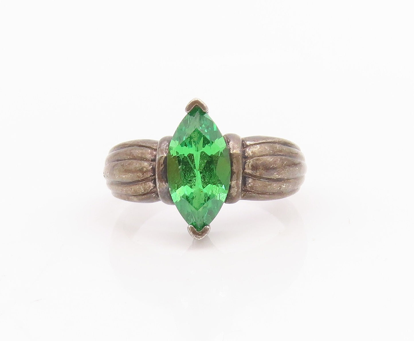 925 Sterling Silver Vintage Ring Dark Tone Marquise Cut Green CZ  Sz 6  RG31721