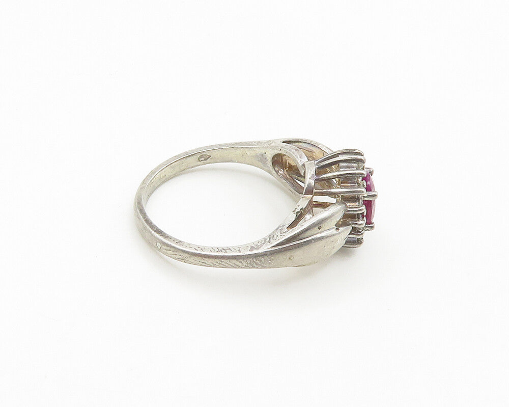 925 Sterling Silver  Vintage Ruby & Topaz Floral Shiny Band Ring Sz 6  RG18539