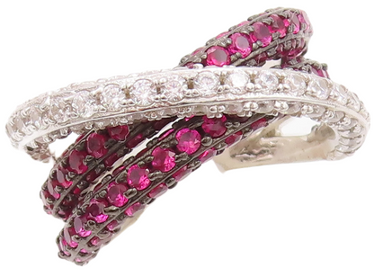 925 Sterling Silver Vintage Ring Modernist Pink & White Topaz Bands Sz 7 RG29792