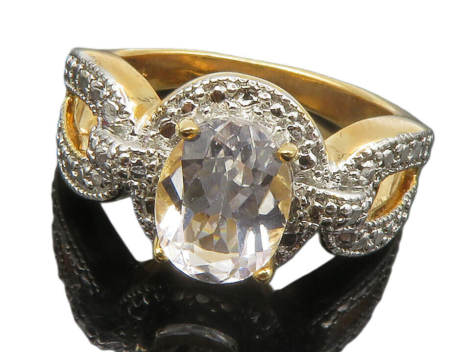 925 Sterling Silver  Faceted Topaz Gold Plated Shiny Band Ring Sz 10  RG14051
