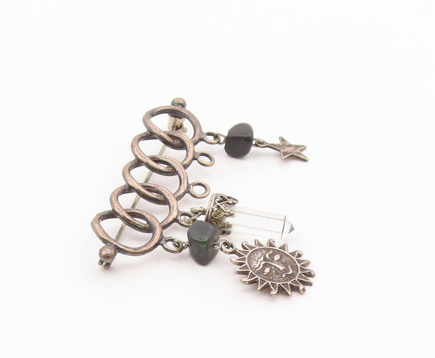 925 Sterling Silver  Vintage Black Onyx & Topaz Wand Charmed Brooch Pin BP6125