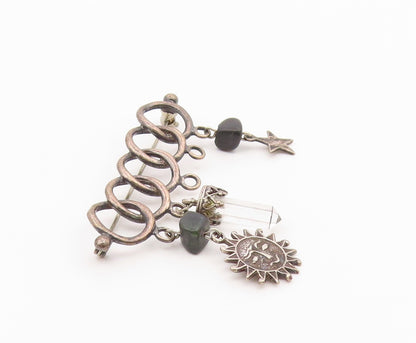 925 Sterling Silver  Vintage Black Onyx & Topaz Wand Charmed Brooch Pin BP6125
