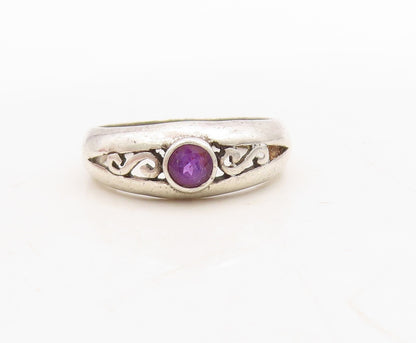 925 Sterling Silver Vintage Ring Swirly Cutout Round Cut Amethyst Sz 7.5 RG31672