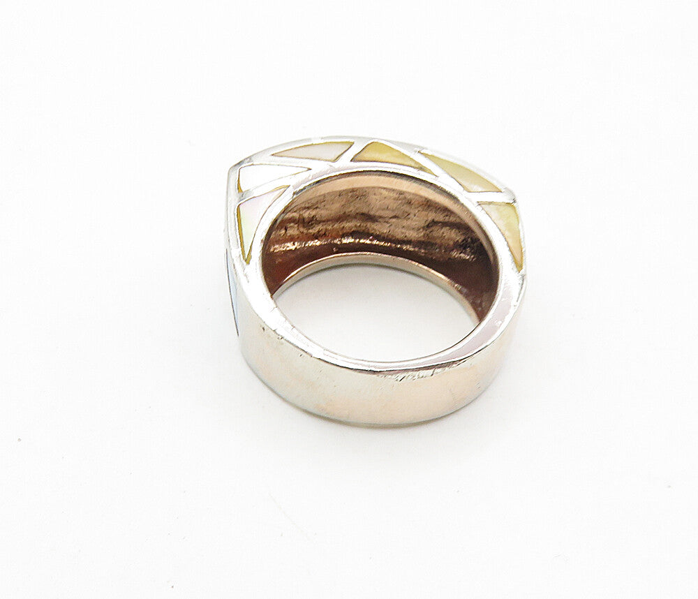 925 Sterling Silver  Vintage Mother Of Pearl Mosaic Band Ring Sz 6  RG8855