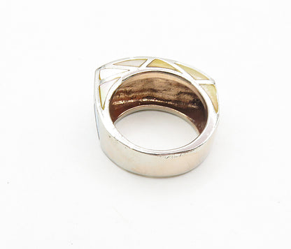 925 Sterling Silver  Vintage Mother Of Pearl Mosaic Band Ring Sz 6  RG8855