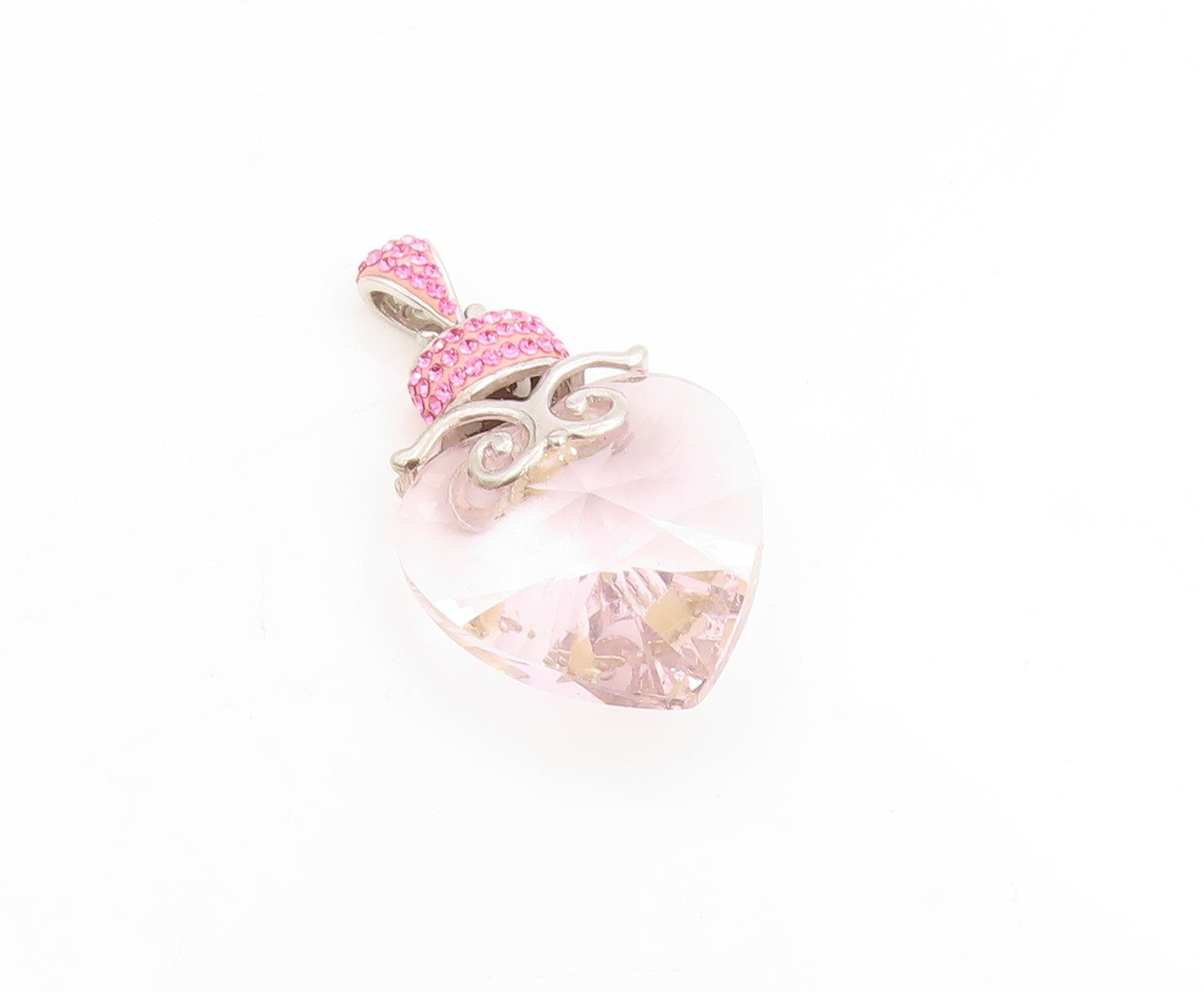 925 Sterling Silver Vintage Pendant Pink Topaz Love Heart Glass Crystal  PT25444