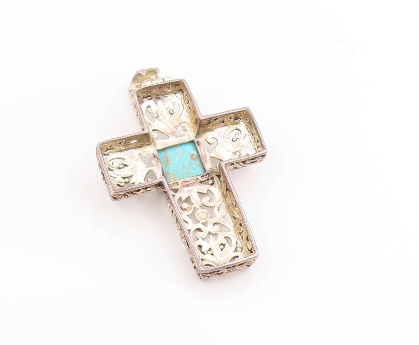925 Sterling Silver Vintage Pendant Turquoise Large Open Floral Cross  PT25693