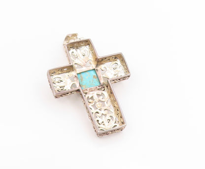 925 Sterling Silver Vintage Pendant Turquoise Large Open Floral Cross  PT25693