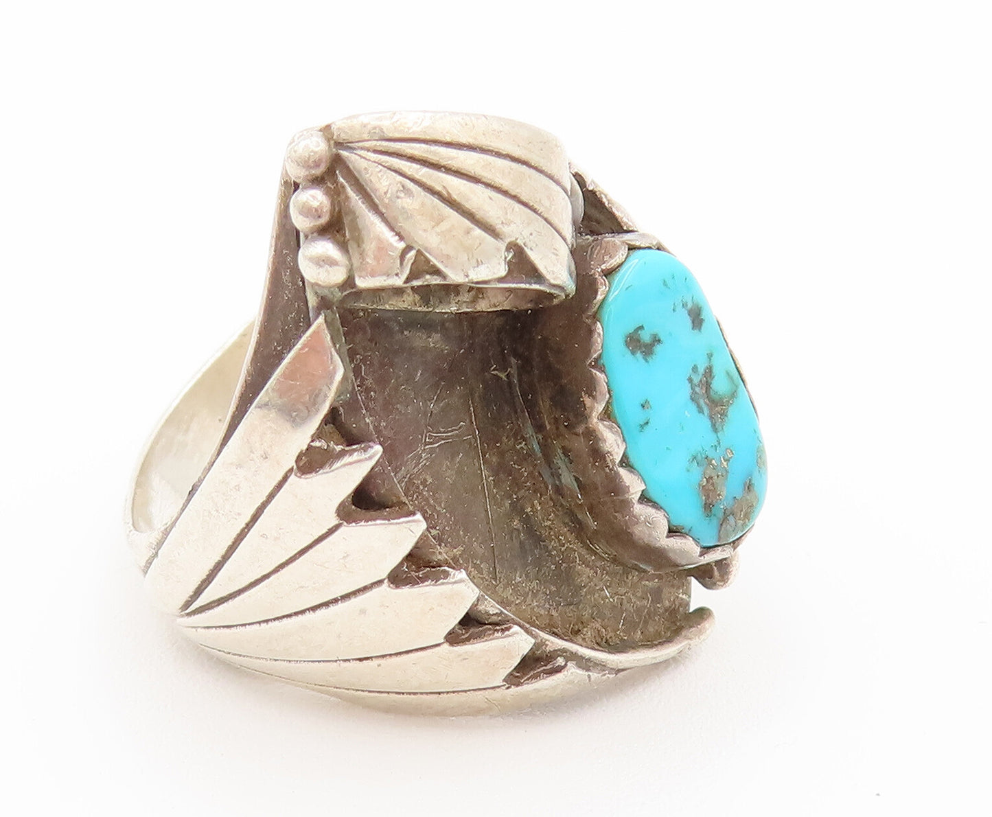 NAVAJO 925 Silver  Vintage Modern Engraved Lines Turquoise Ring Sz 10  RG26170