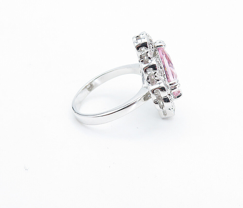925 Sterling Silver  Pink Cubic Zirconia Floral Cocktail Ring Sz 7  RG6069