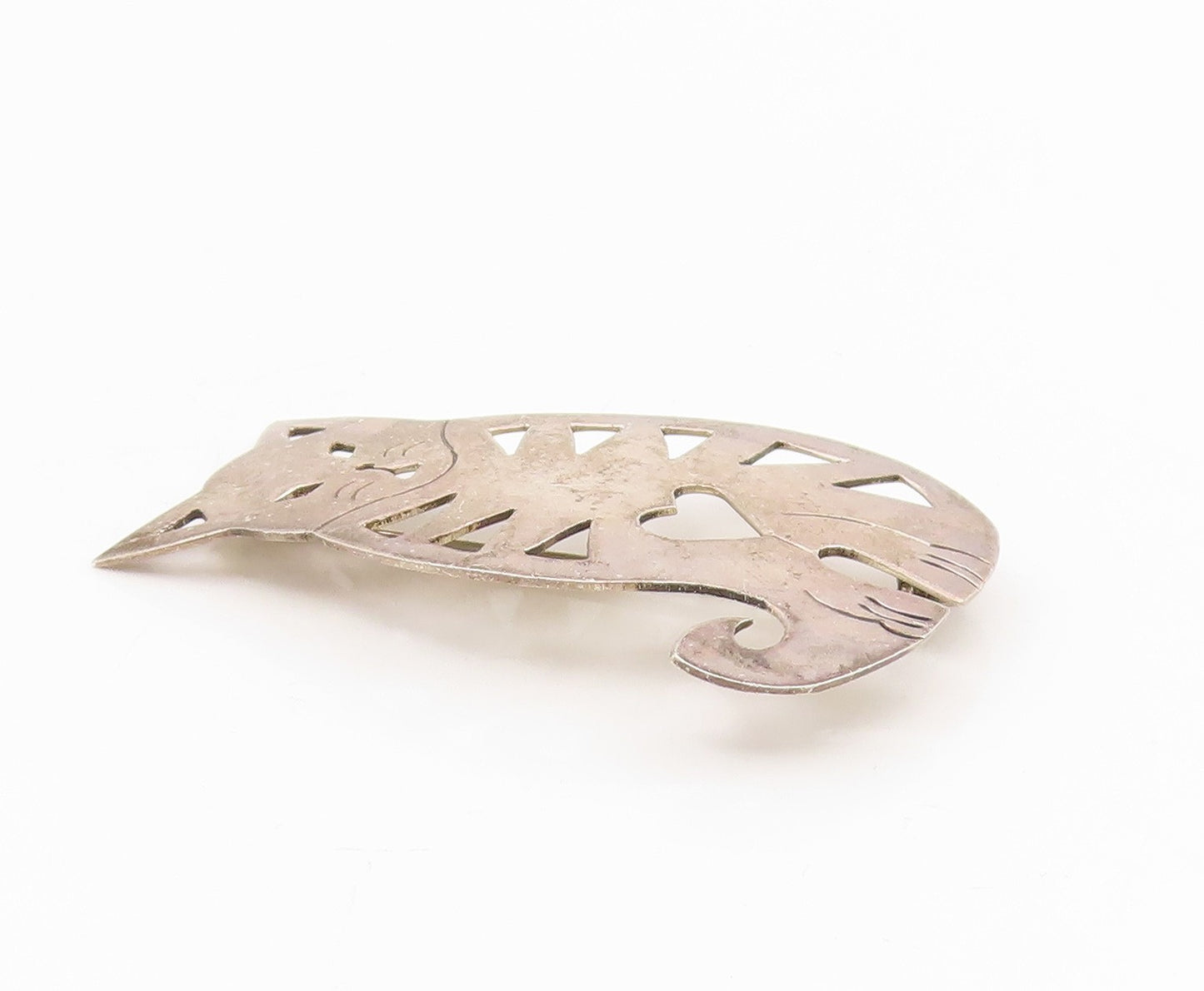 925 Sterling Silver Vintage Brooch MEXICO Love Heart Cutout Kitten Pin  BP12132