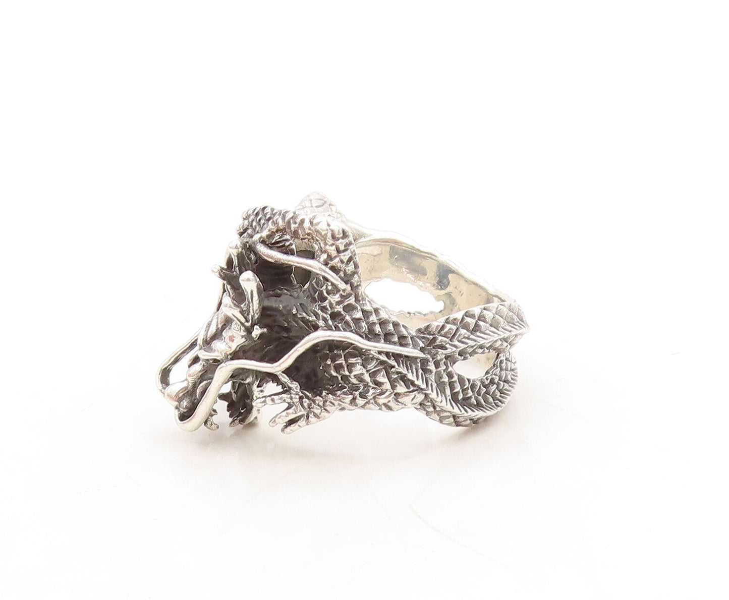 925 Sterling Silver Vintage Ring Dark Tone Wrap Around Dragon  Sz 13.5  RG31307