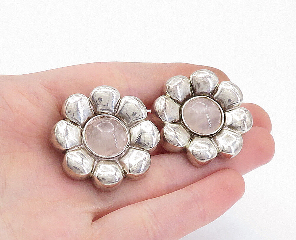 925 Sterling Silver  Vintage Rose Quartz Floral Non Pierce Earrings  EG2223