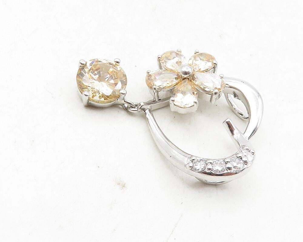 925 Sterling Silver  Shiny Topaz Dangling Floral Love Heart Pendant  PT7308
