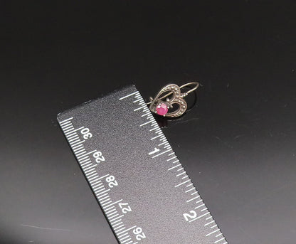 925 Silver  Vintage Antique Beaded Open Ruby Love Heart Earrings  EG11959