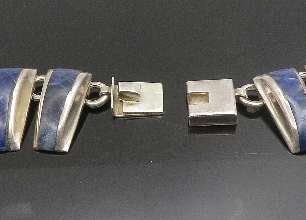MEXICO 925 Sterling Silver Vintage Inlaid Stone Solid Chain Necklace  NE3751