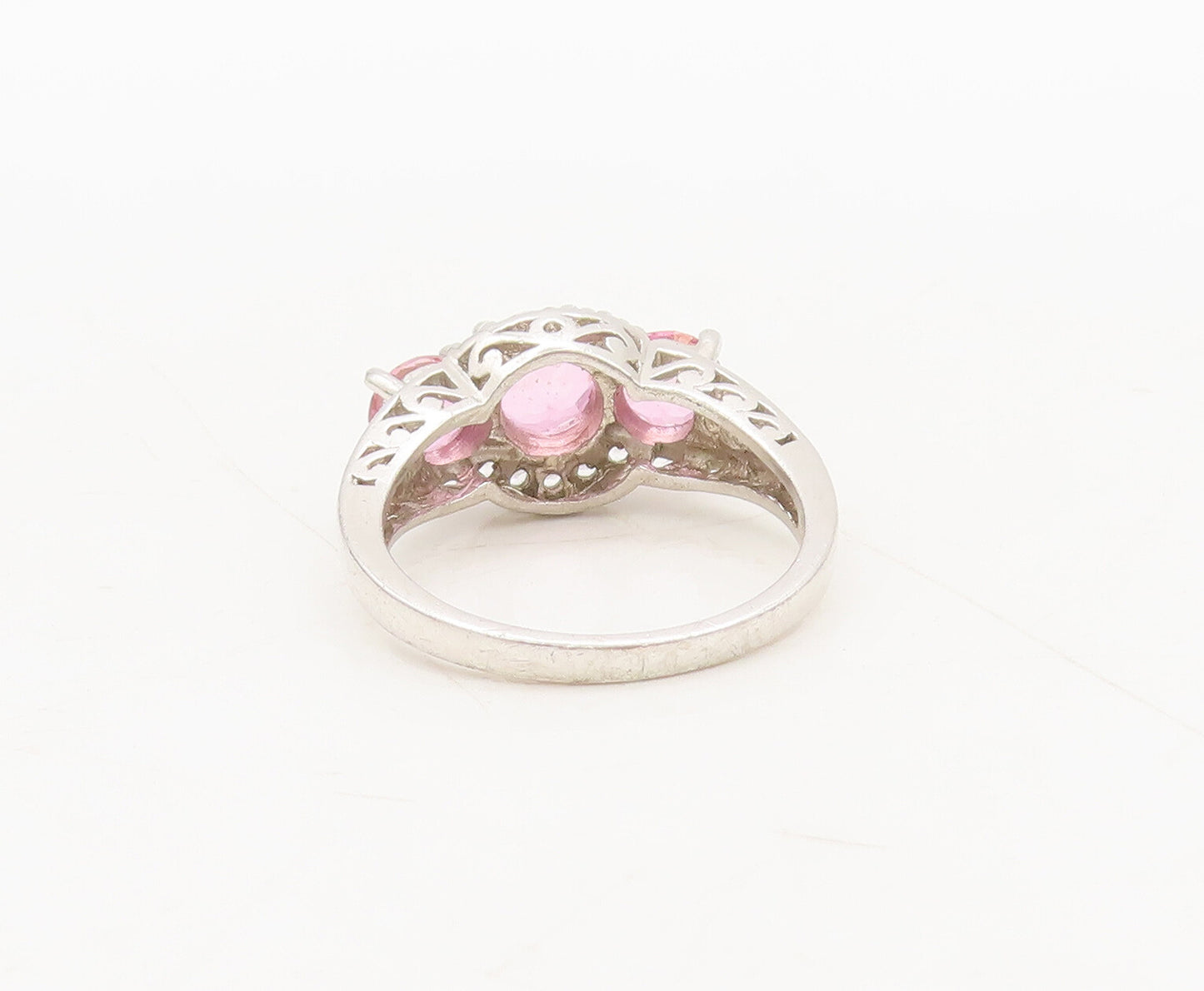 925 Silver Vintage Ring Carved Three Pinkesh Spinels Halo Topaz  Sz 7  RG27583