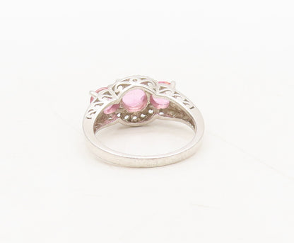 925 Silver Vintage Ring Carved Three Pinkesh Spinels Halo Topaz  Sz 7  RG27583
