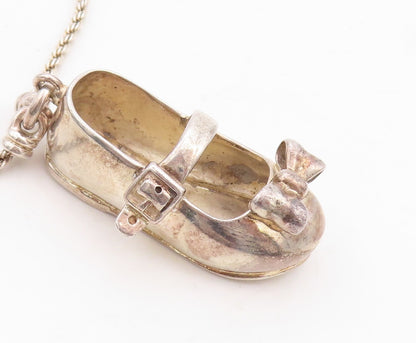 925 Sterling Silver Vintage Necklace Solid 3D Cutout Shoe With Bow  NE4387