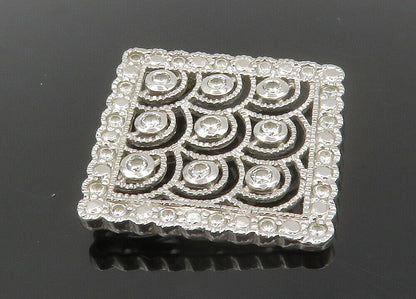 925 Sterling Silver  Shiny White Topaz Square Wavy Border Pendant  PT10218