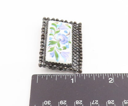 925 Sterling Silver Vintage Brooch Pin Antique Enamel Bellflower Blossom BP12397