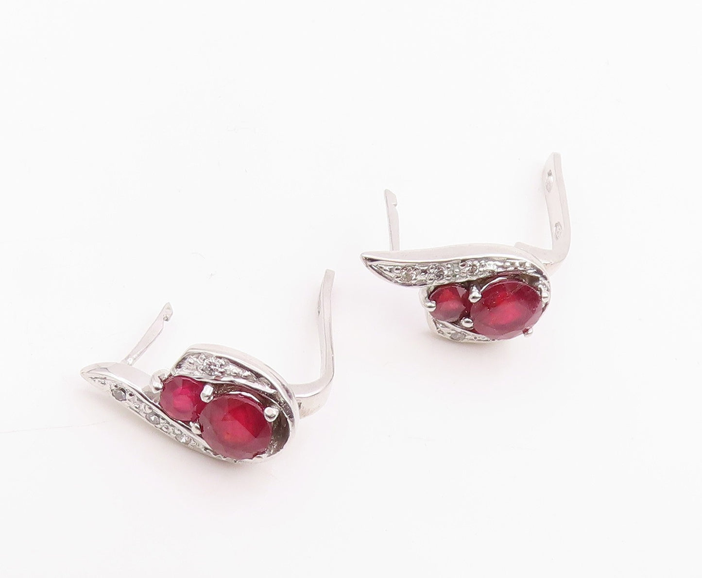 925 Sterling Silver Vintage Earrings Real Diamonds & Ruby Swirl Drop  EG14214