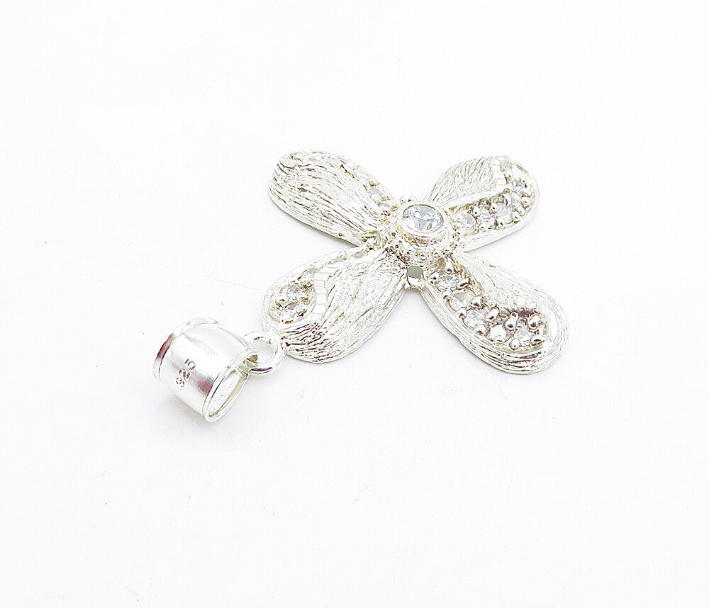 925 Sterling Silver  Vintage Cubic Zirconia Shiny Etched Cross Pendant  PT3871