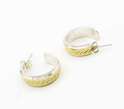 925 Sterling Silver  Shiny Two Tone Slanted Pattern JHoop Earrings  EG7954