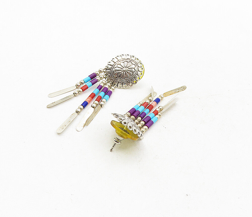 SOUTHWESTERN 925 Silver Vintage Multi Gemstone Floral Dangle Earrings EG4866