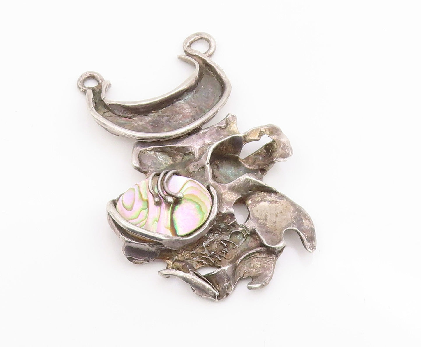 925 Sterling Silver Vintage Pendant Abalone Solid Brutalist Design  PT25694