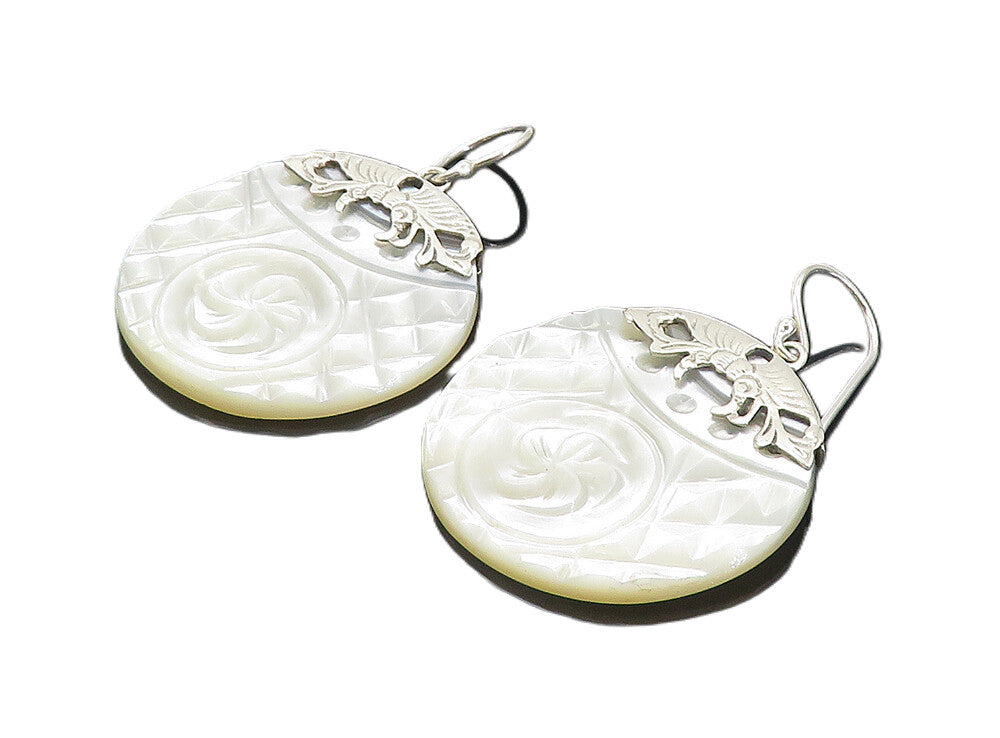 925 Sterling Silver  Mother Of Pearl Floral Carved Dangle Earrings  EG3085