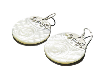 925 Sterling Silver  Mother Of Pearl Floral Carved Dangle Earrings  EG3085