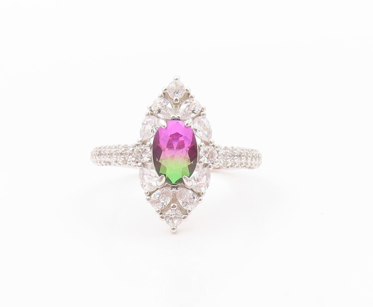 925 Sterling Silver Vintage Ring Designer Gemstone & CZ Cocktail Sz 7.5  RG31816