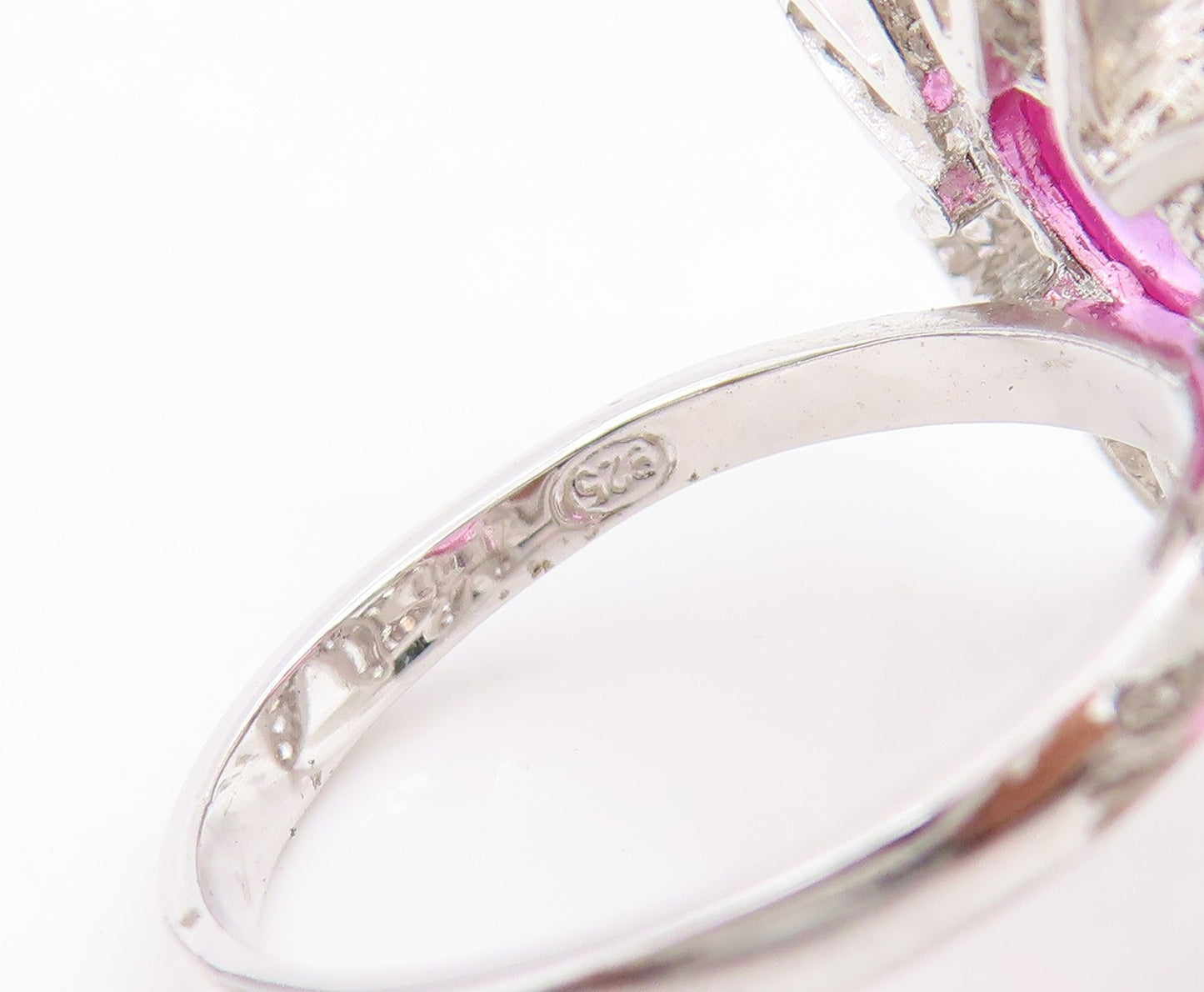 925 Sterling Silver Vintage Ring Pink Gemstone & CZ Floral Petals  Sz 7  RG33924