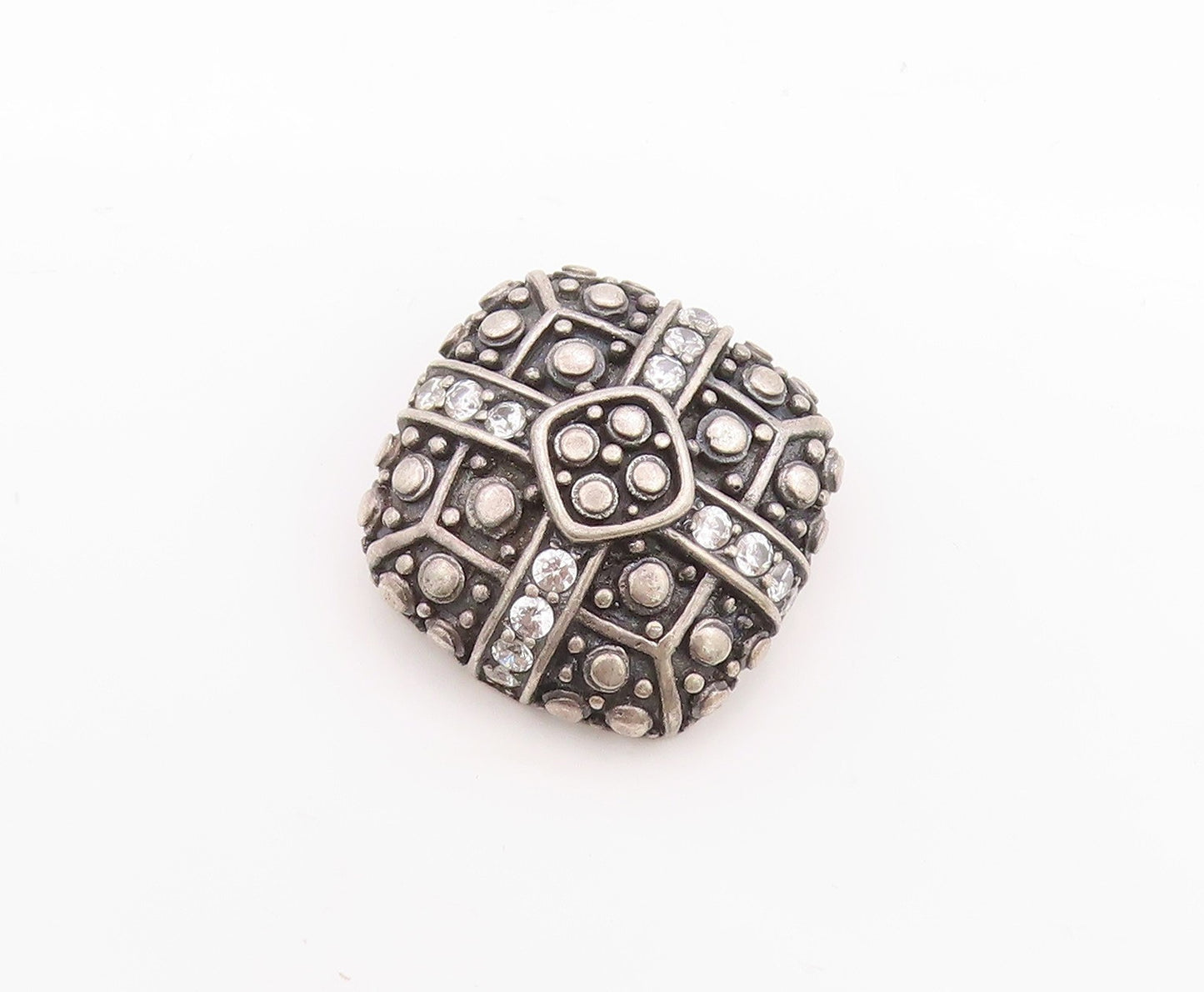 925 Sterling Silver Vintage Pendant Dark Toned CZ Dotted Square Design  PT24656