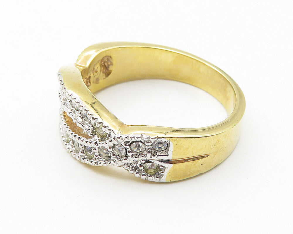 925 Sterling Silver  Sparkling Topaz Shiny Two Tone Band Ring Sz 9  RG10636