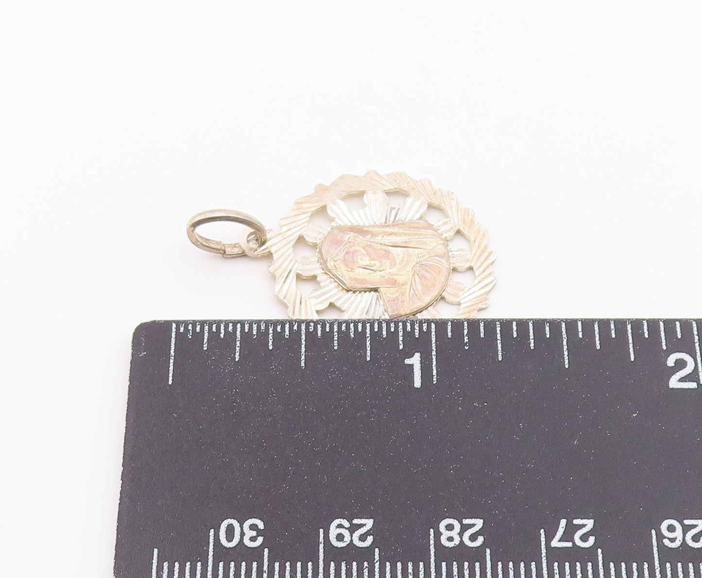 925 Sterling Silver Vintage Pendant VIOR Etched Holy Virgin Mary Medal  PT26398