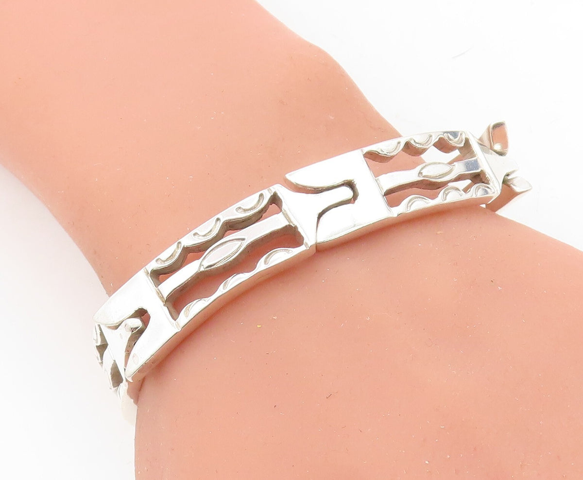 MEXICO 925 Sterling Silver  Vintage Shiny Bar Hinge Link Chain Bracelet BT2936