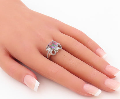925 Sterling Silver Vintage Ring Designer Mystic Topaz & CZ Flower  Sz 7 RG30463