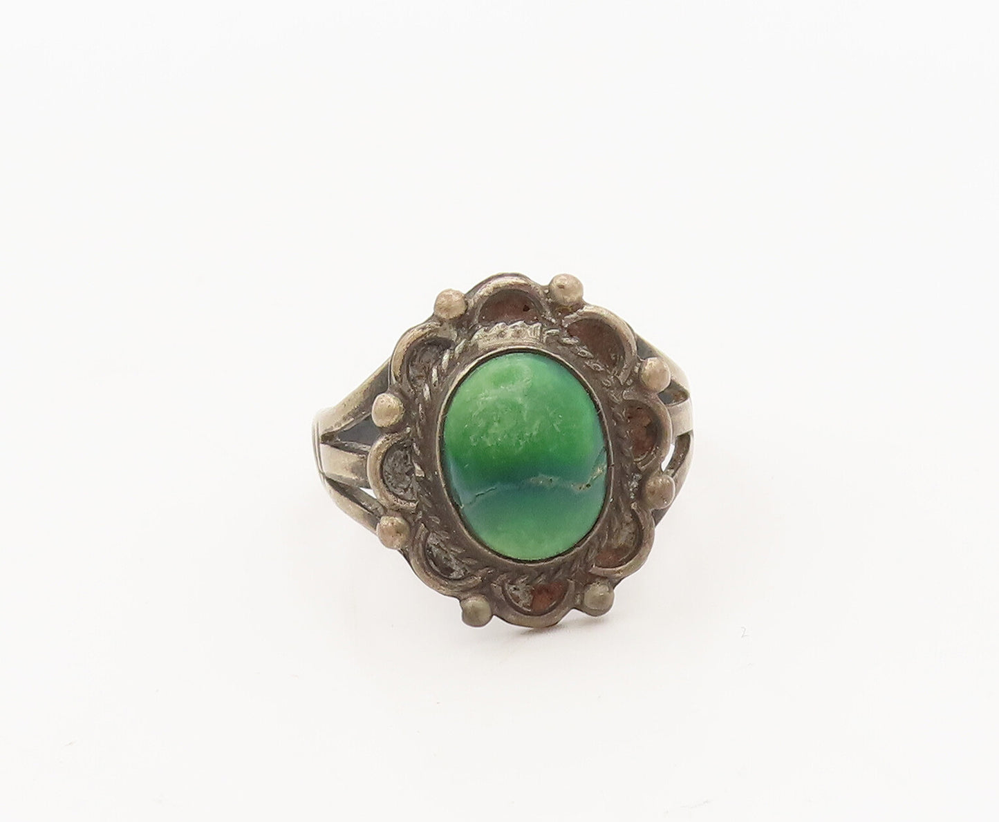 925 Silver  Vintage Turquoise Beaded Carved Flower Ring Sz 7.5  RG27227