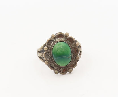 925 Silver  Vintage Turquoise Beaded Carved Flower Ring Sz 7.5  RG27227