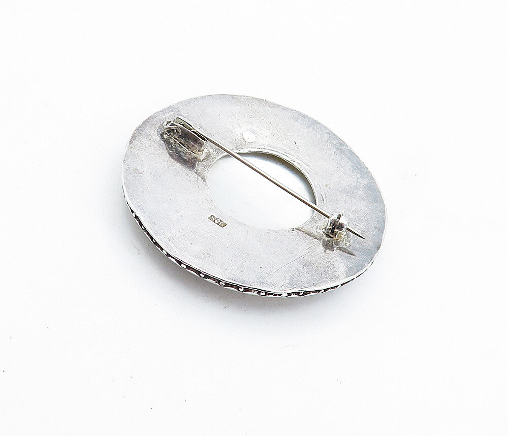 925 Sterling Silver  Vintage Mother Of Pearl Circle Pattern Brooch Pin  BP1644
