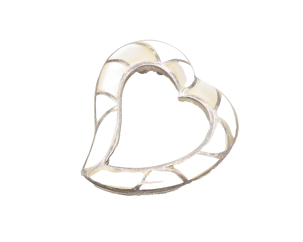 925 Sterling Silver  Vintage Mother Of Pearl Open Love Heart Pendant  PT10760