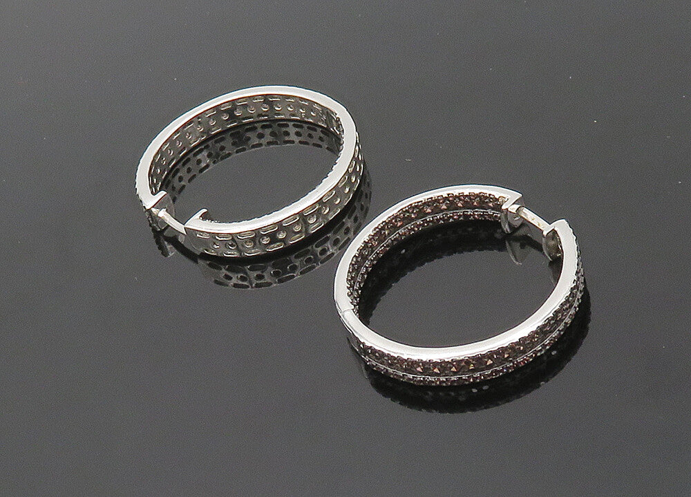 925 Sterling Silver  Vintage Garnet Shiny Round Hoop Earrings  EG10424