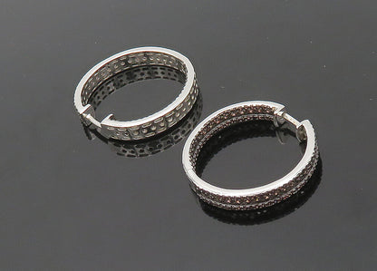 925 Sterling Silver  Vintage Garnet Shiny Round Hoop Earrings  EG10424