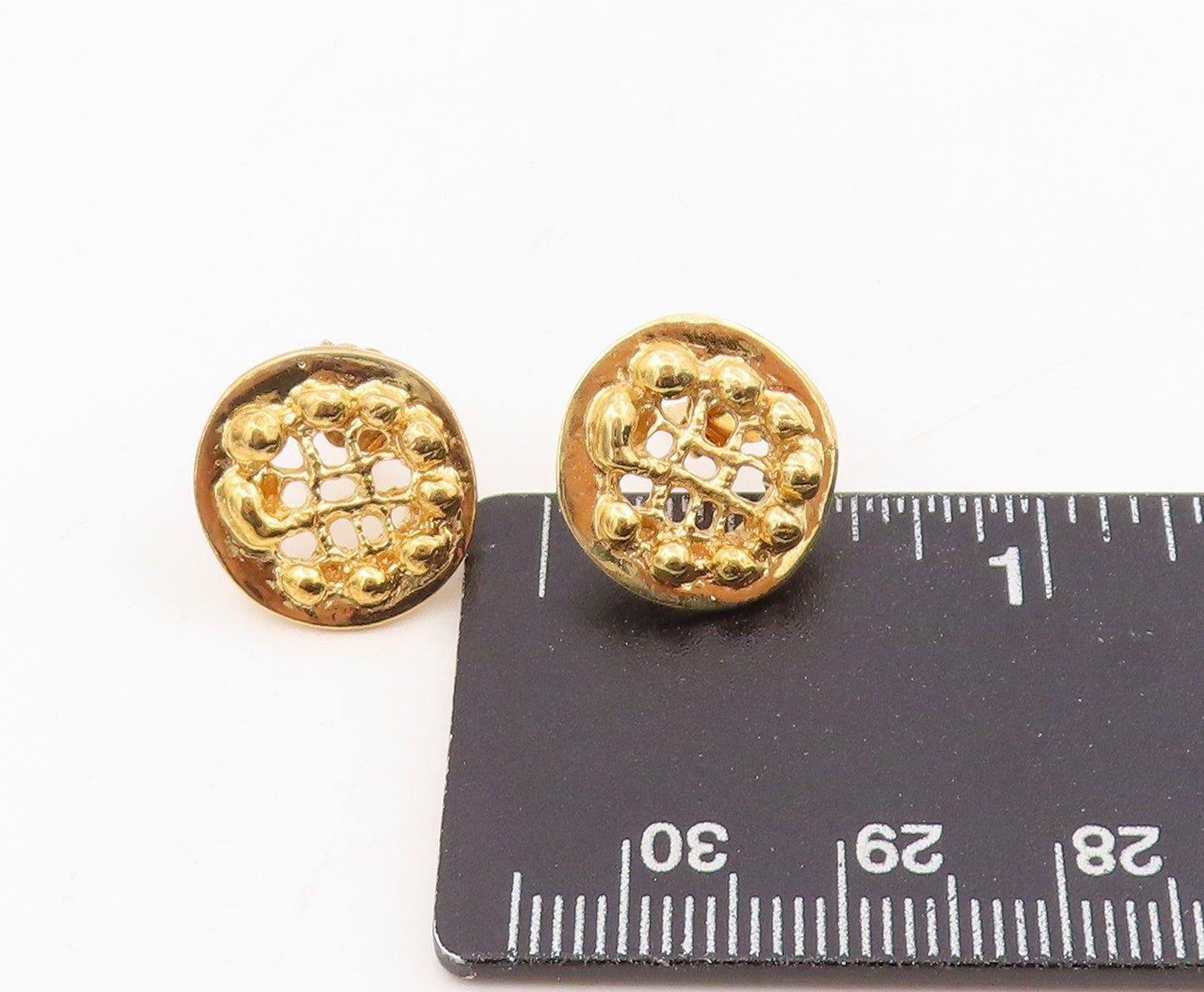 925 Sterling Silver Vintage Earrings Gold Plated Round Open Weave Button EG13883
