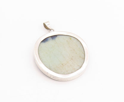 925 Sterling Silver Vintage Pendant Large Round Blue Chinese Ceramic  PT24566